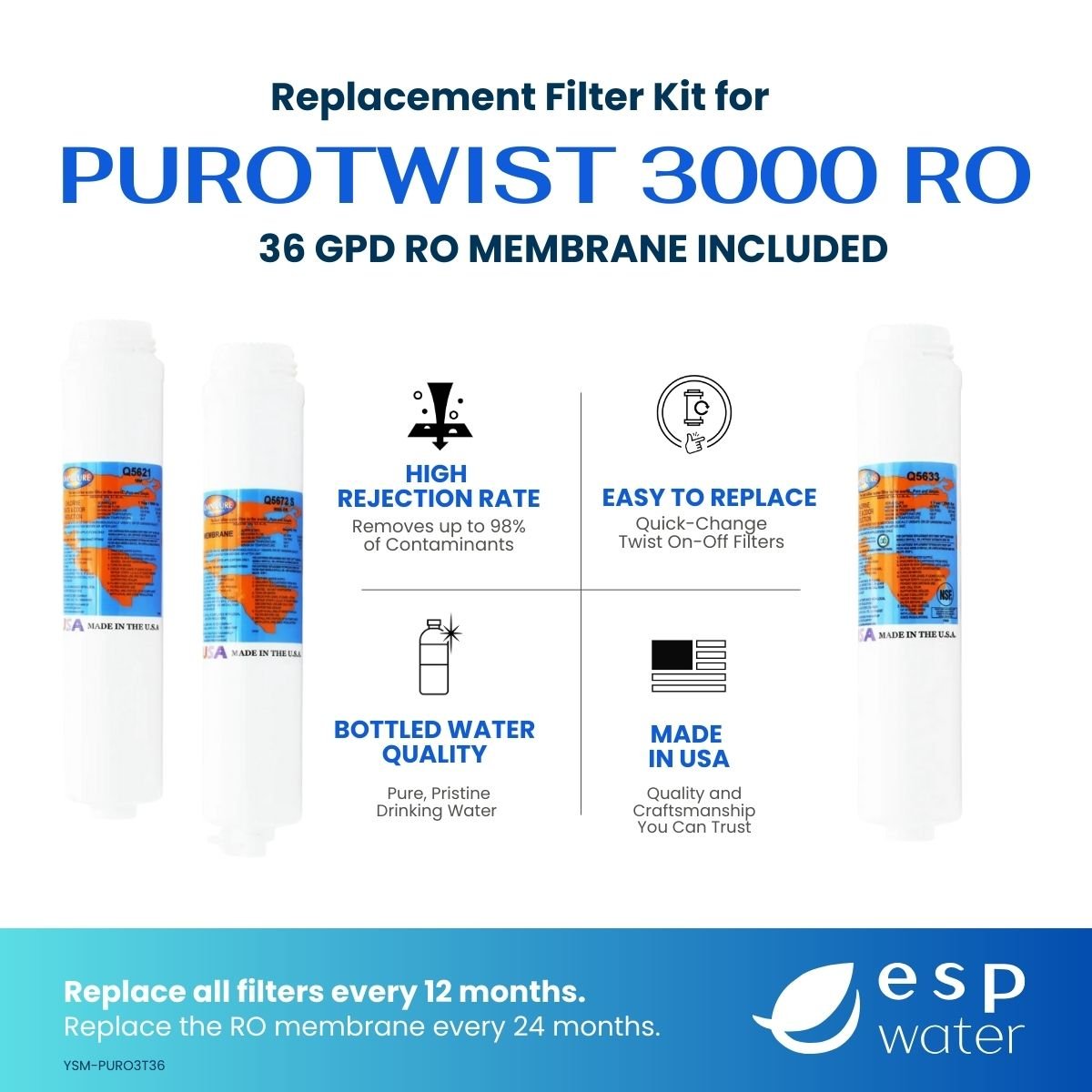 PuROTwist 3000 RO Filter Replacement Kit with 36 GPD Membrane YSM-PURO3T36 - ESP Water