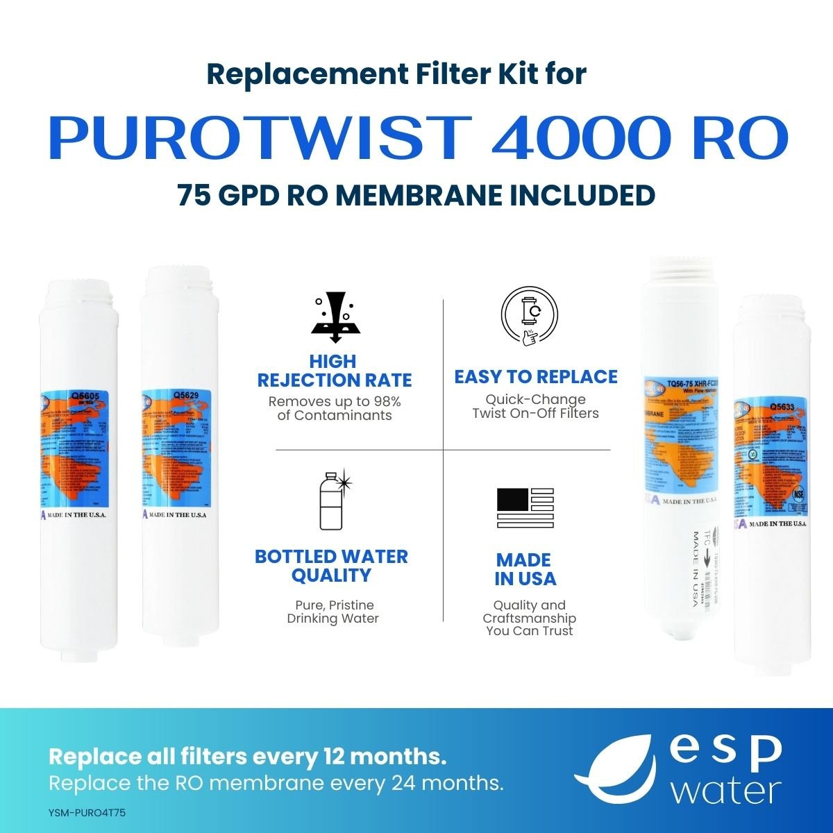 PuROTwist 4000 RO Filter Replacement Kit with 75 GPD Membrane YSM-PURO4T75 - ESP Water
