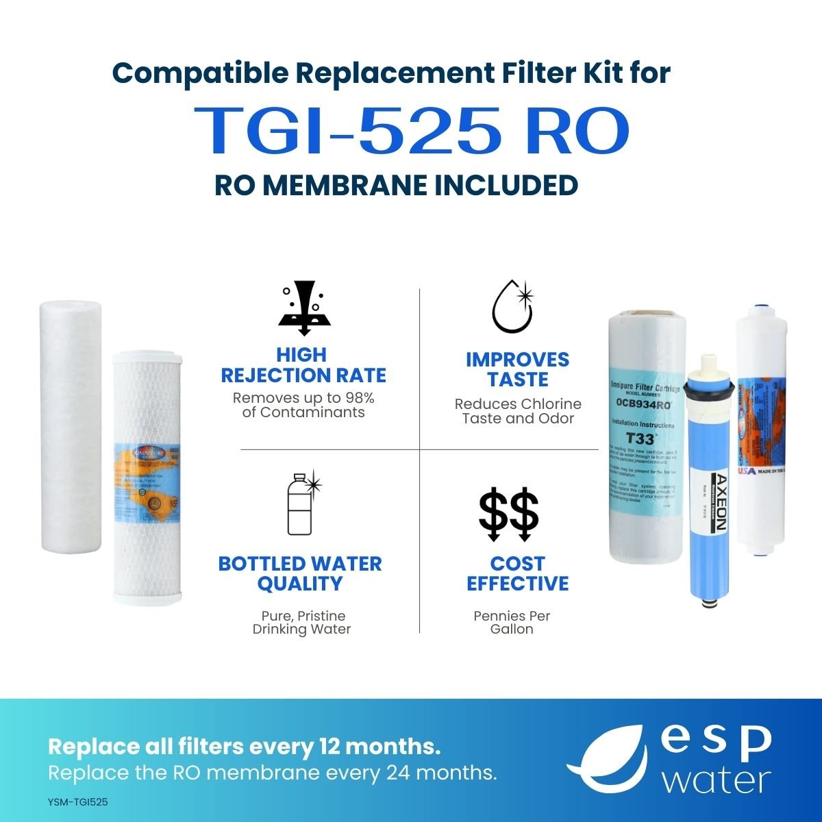 TGI-525 compatible YSM-TGI525 RO filter kit benefits with sediment, carbon and 50 GPD membrane filtration