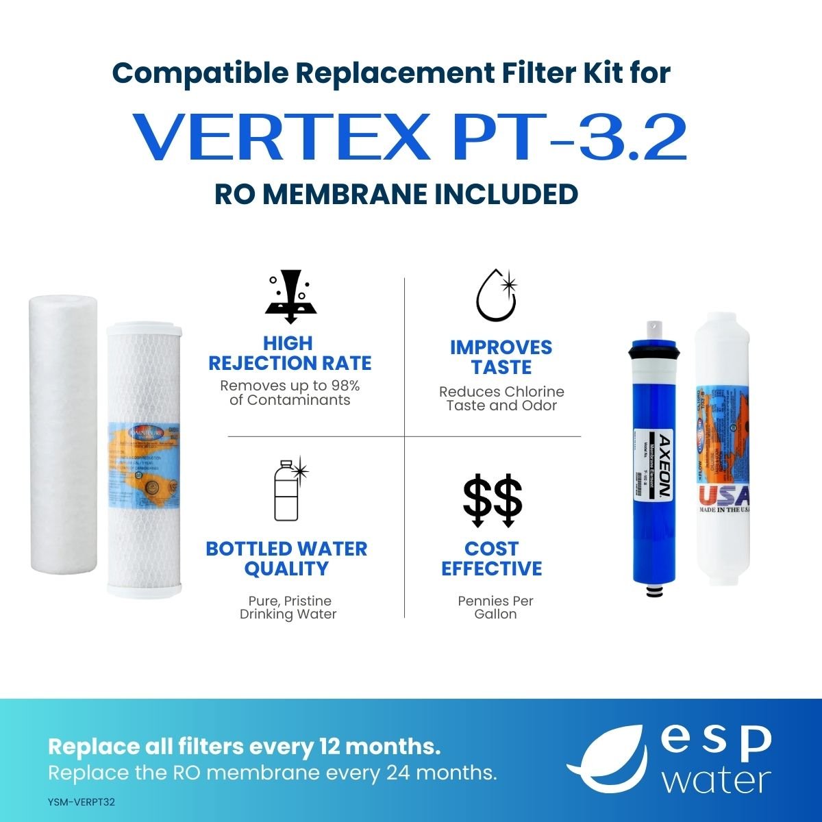 Vertex PT - 3.2 RO Filter Replacement Kit with Membrane YSM-VERPT32 - ESP Water
