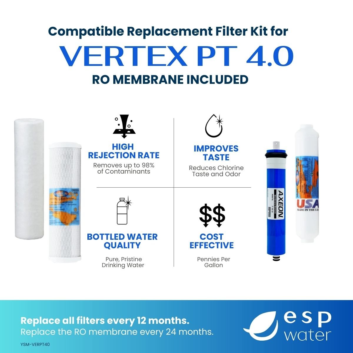 Vertex PT-4.0 RO replacement kit benefits with sediment, carbon and 35 GPD membrane stages
