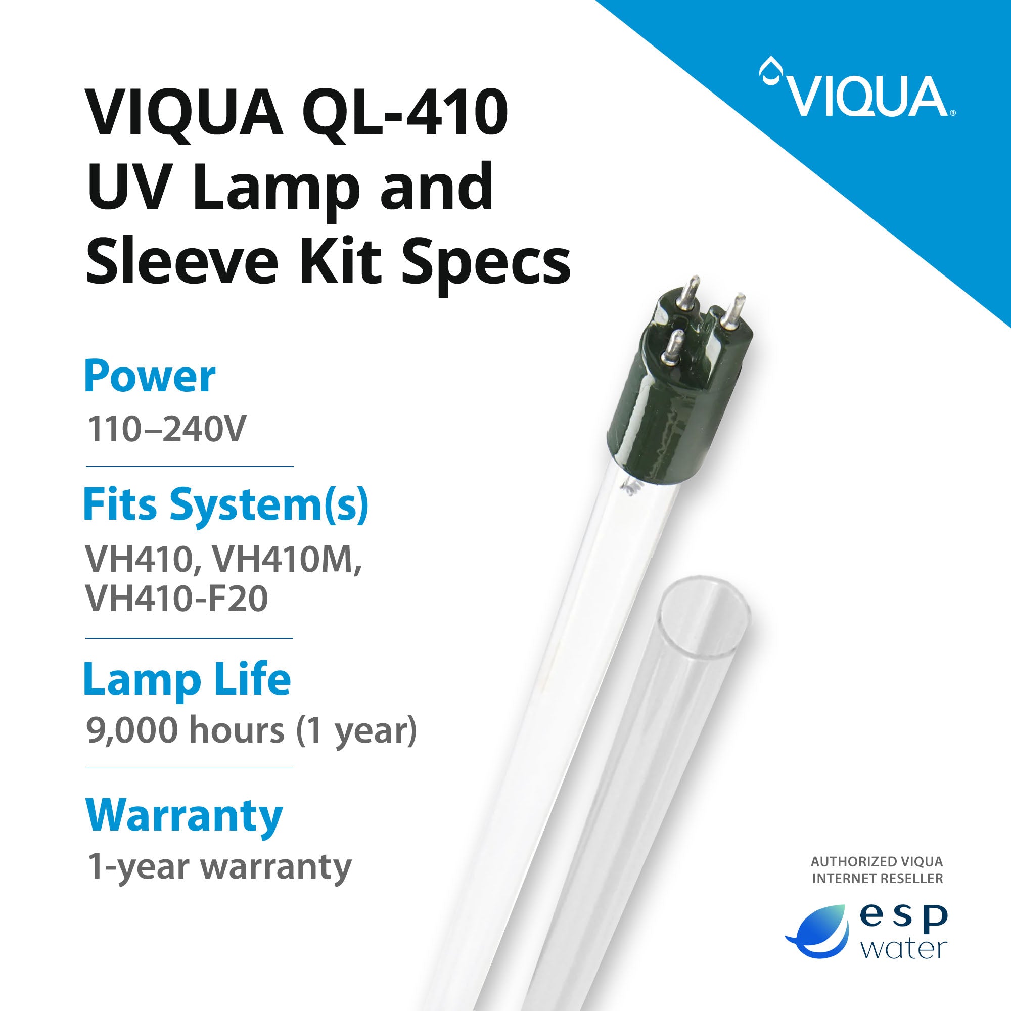 VIQUA QL-410 UV lamp and quartz sleeve specifications with 12-month lamp and 24-month sleeve replacement guidance