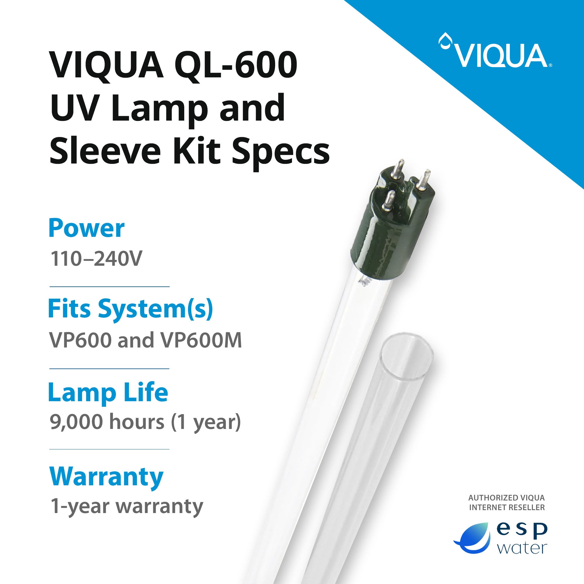 VIQUA QL-600 UV lamp and quartz sleeve replacement specifications for VP600 Series systems
