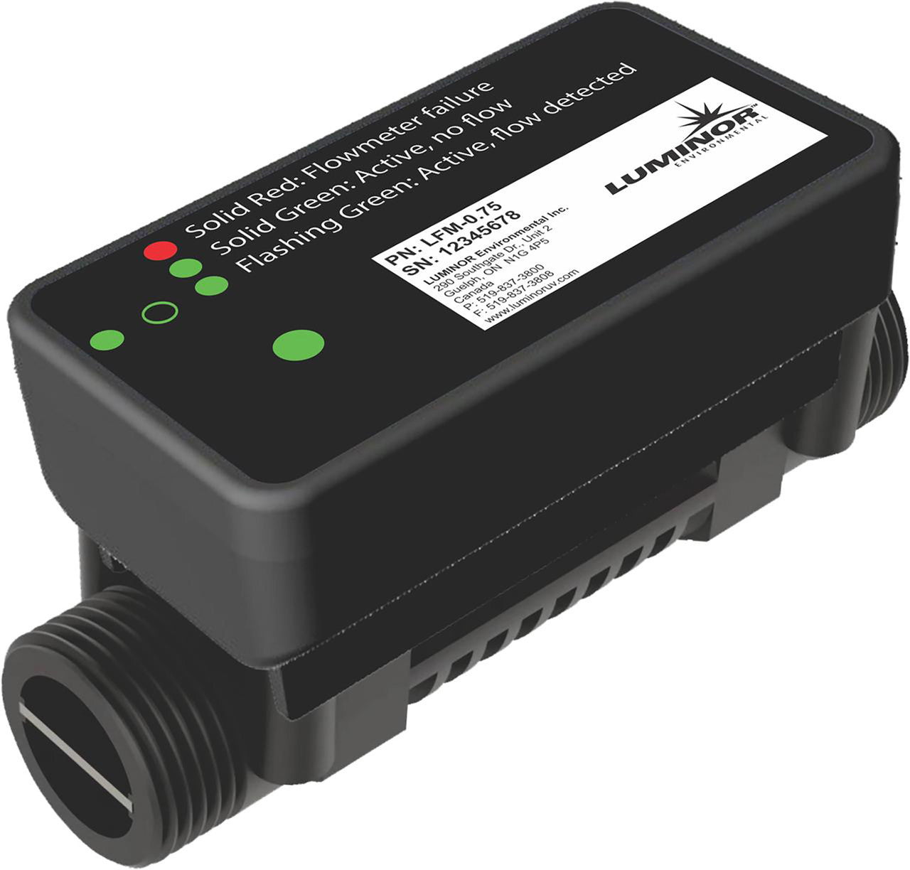 LUMINOR LFM-0.75 ultrasonic flow meter with 3/4-inch male threaded connections for compatible UV systems