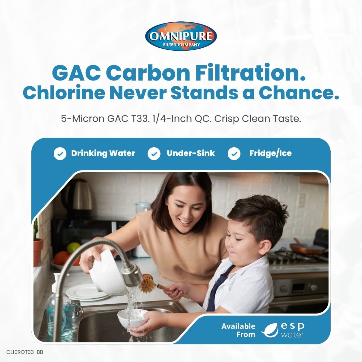 Omnipure CL10ROT33-BB inline carbon filter features and applications for drinking water systems