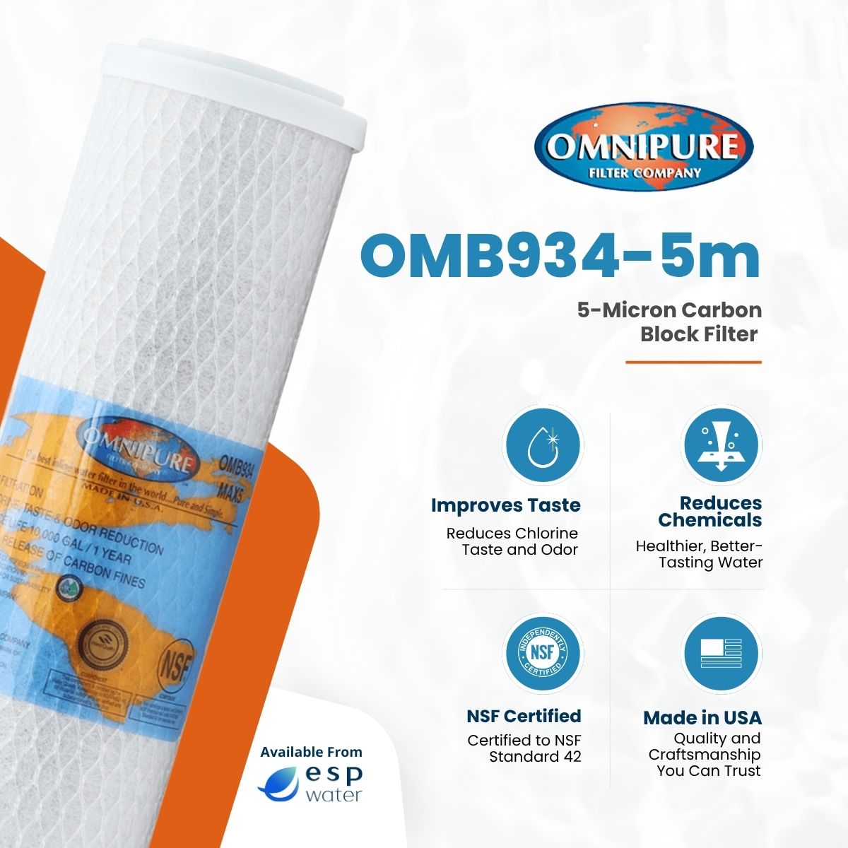 Omnipure OMB934-5m carbon block filter benefits for reducing sediment, chlorine, taste and odor