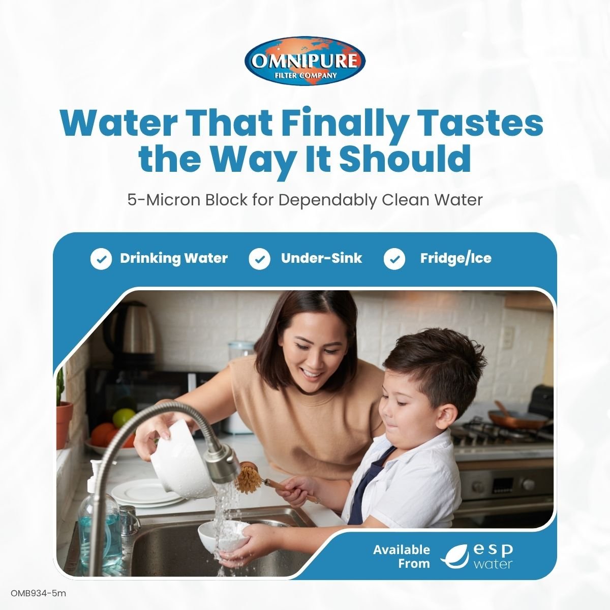 Omnipure OMB934-5m filter features and benefits for 5-micron sediment and chlorine reduction