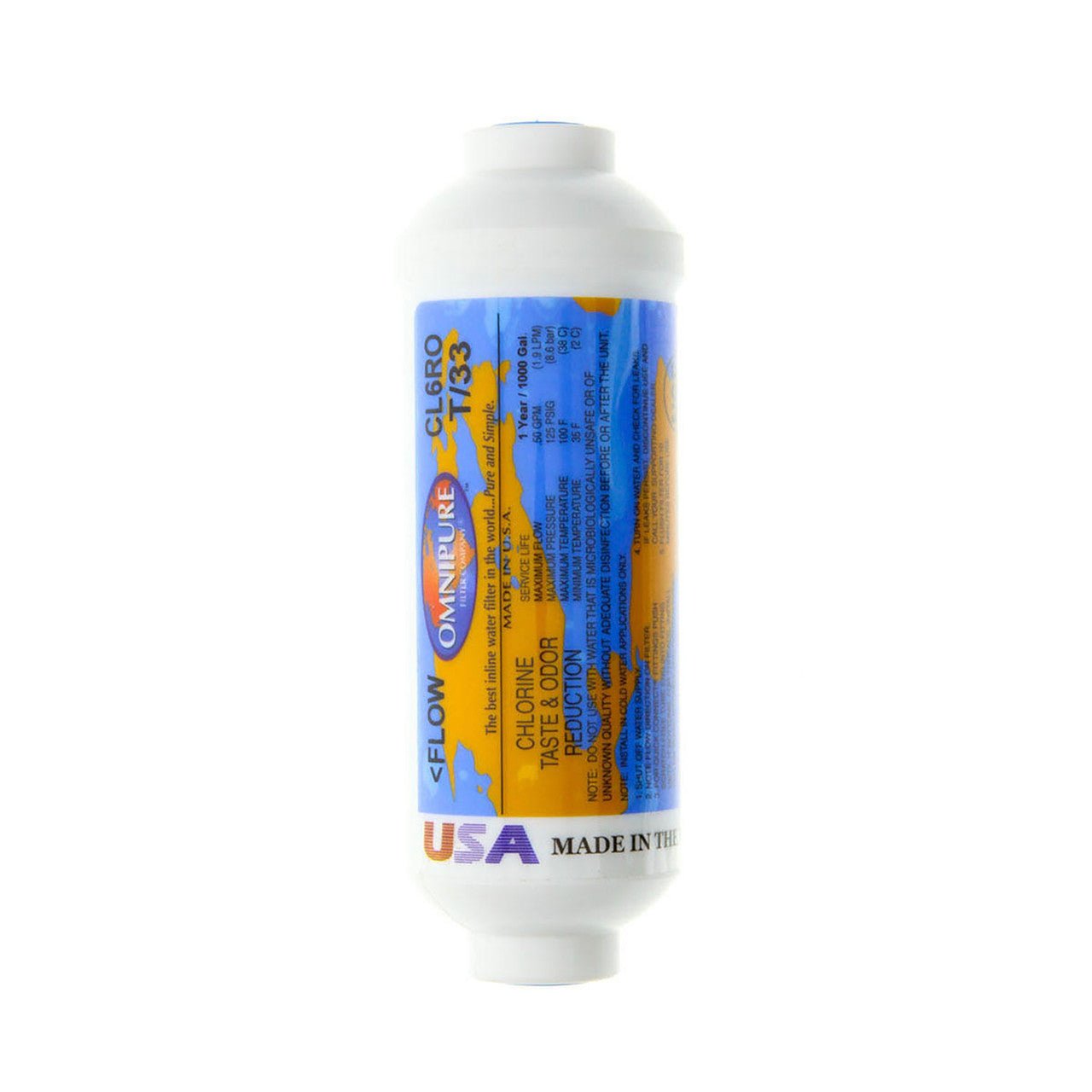 Omnipure CL6ROT33-BB inline GAC T33 carbon filter, 2 x 6 inch, with 1/4-inch female thread fittings