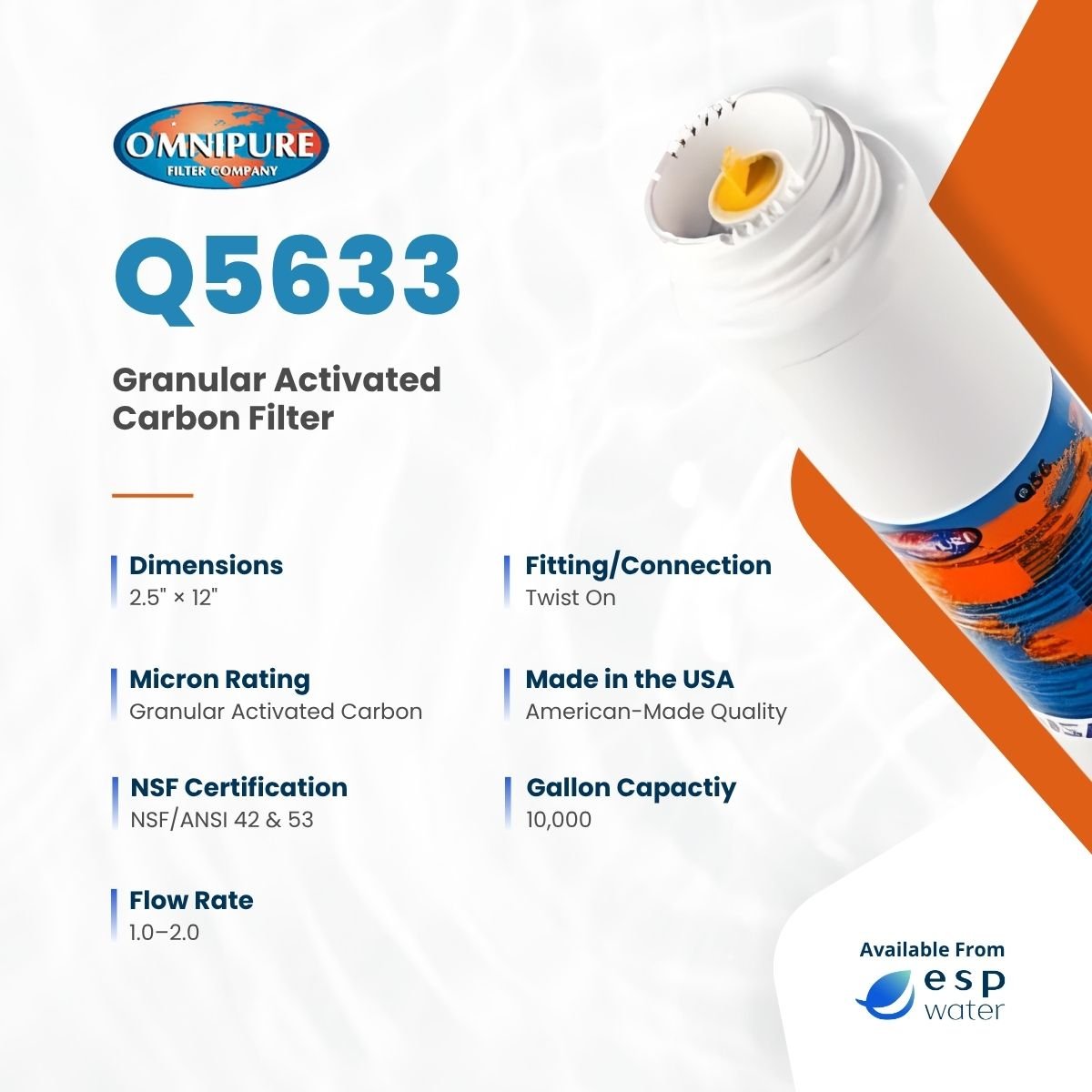Omnipure Q5633 Q-Series GAC T33 carbon filter specifications for a 2.5 x 12 inch cartridge
